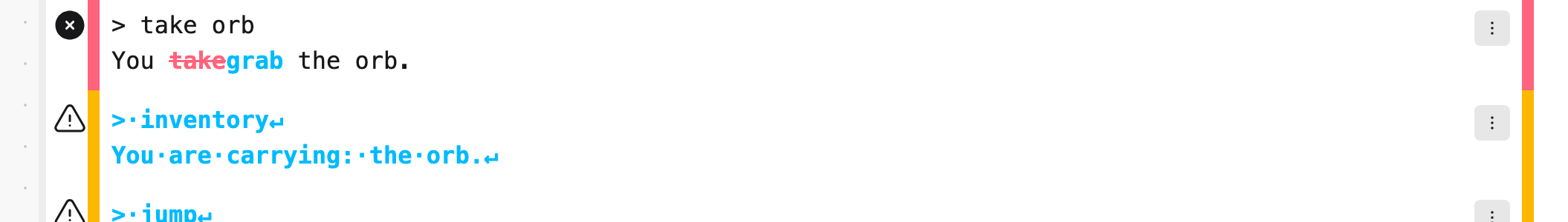 a transcript row in the error state showing a red/blue word-level diff and visible whitespace