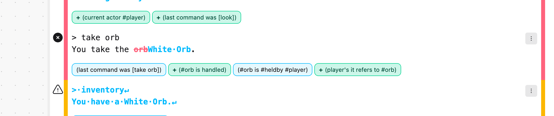 a transcript with the toggle on, showing +/-/changed chips under a couple of knots