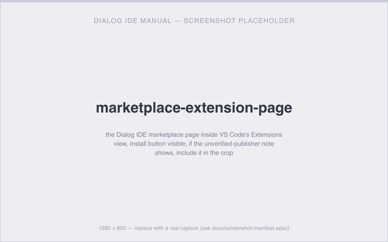 the Dialog IDE marketplace page inside VS Code’s Extensions view, Install button visible; if the unverified-publisher note shows, include it in the crop