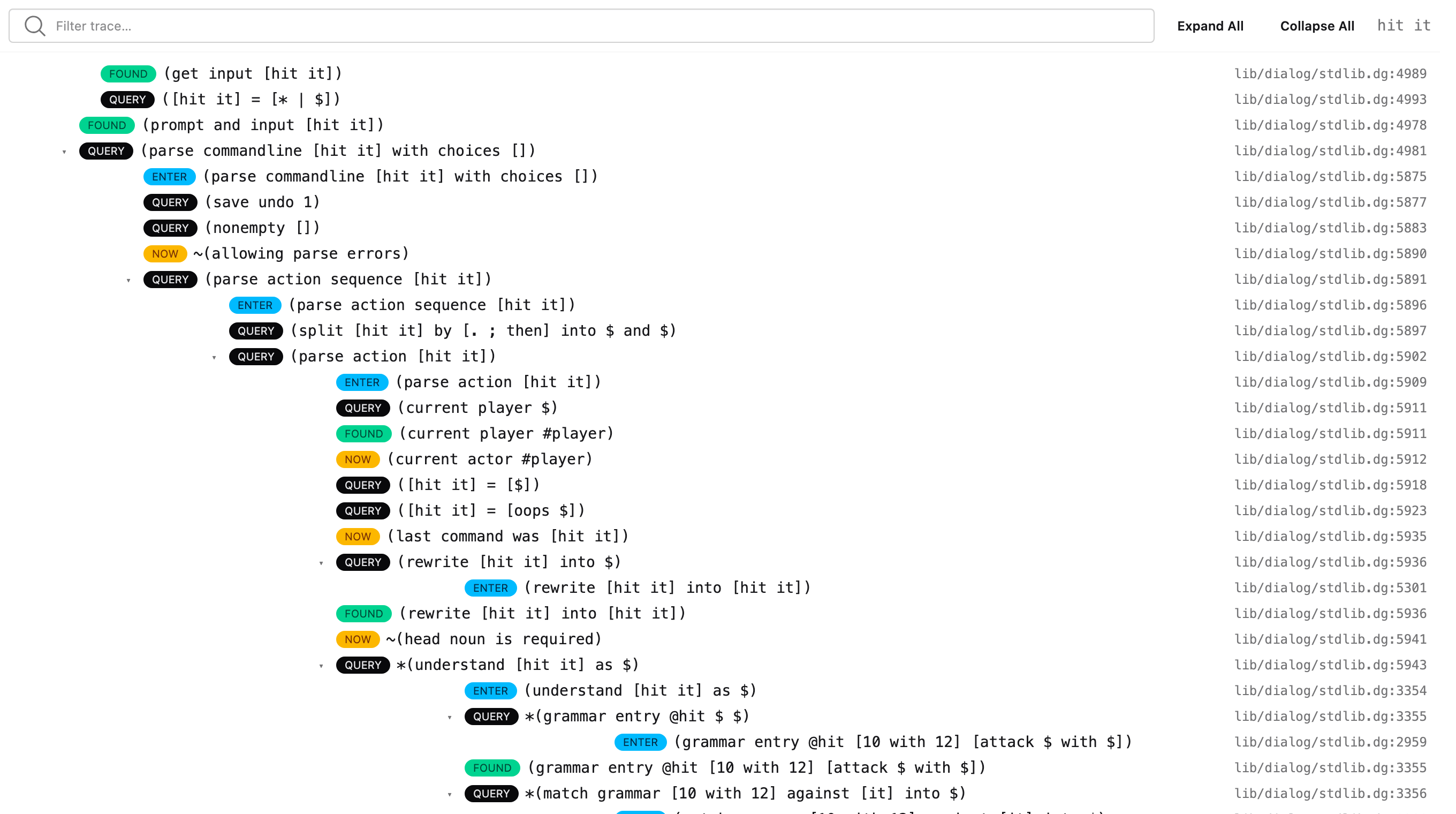 the Trace panel with an expanded call tree and a syntax-highlighted source-preview popover hovering over one row
