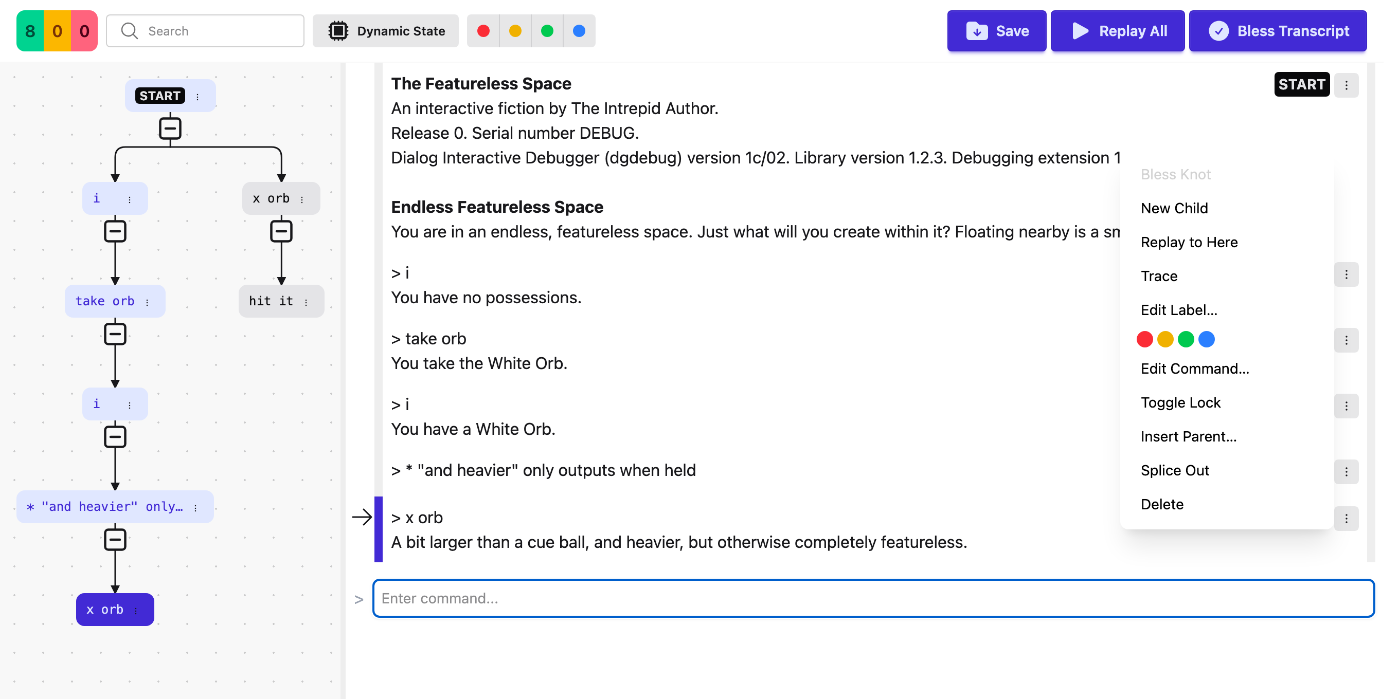 the actions menu open on a knot in the transcript