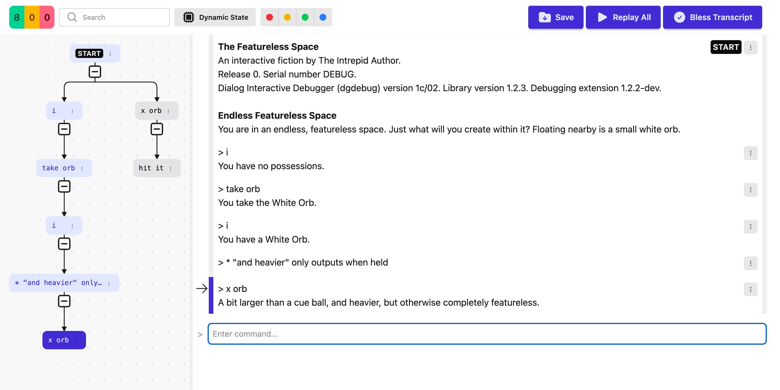 the whole panel with each region labelled: navbar, nav graph, transcript, command input