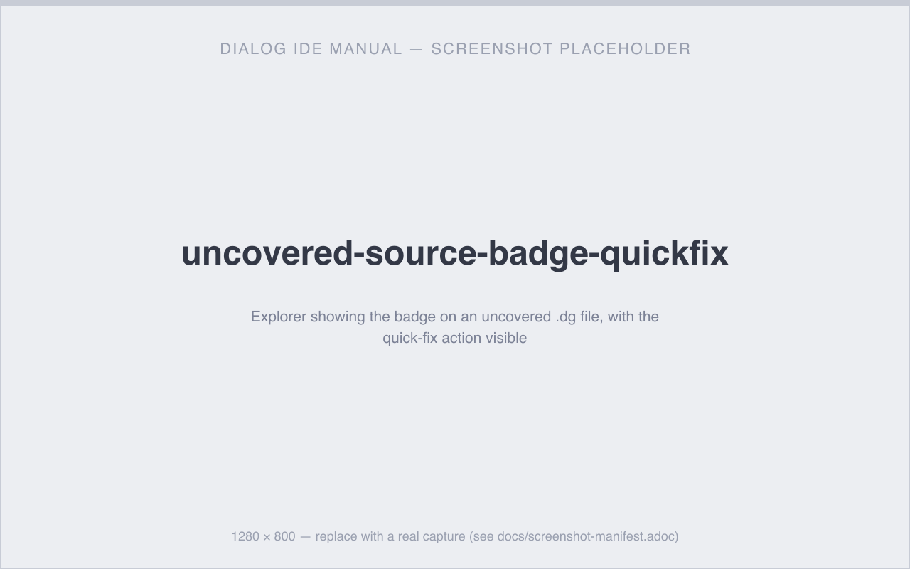 Explorer showing the badge on an uncovered .dg file, with the quick-fix action visible